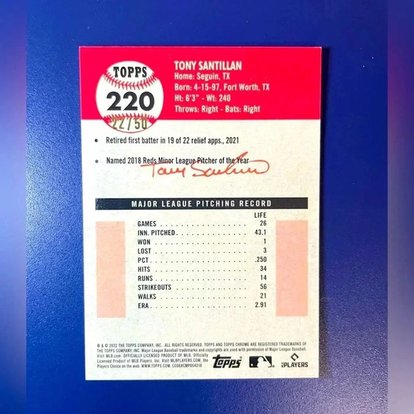 Tony Santillan RC Gold Wave Refractor /50 2022 Topps Chrome Platinum Anniversary - Picture 2 of 3